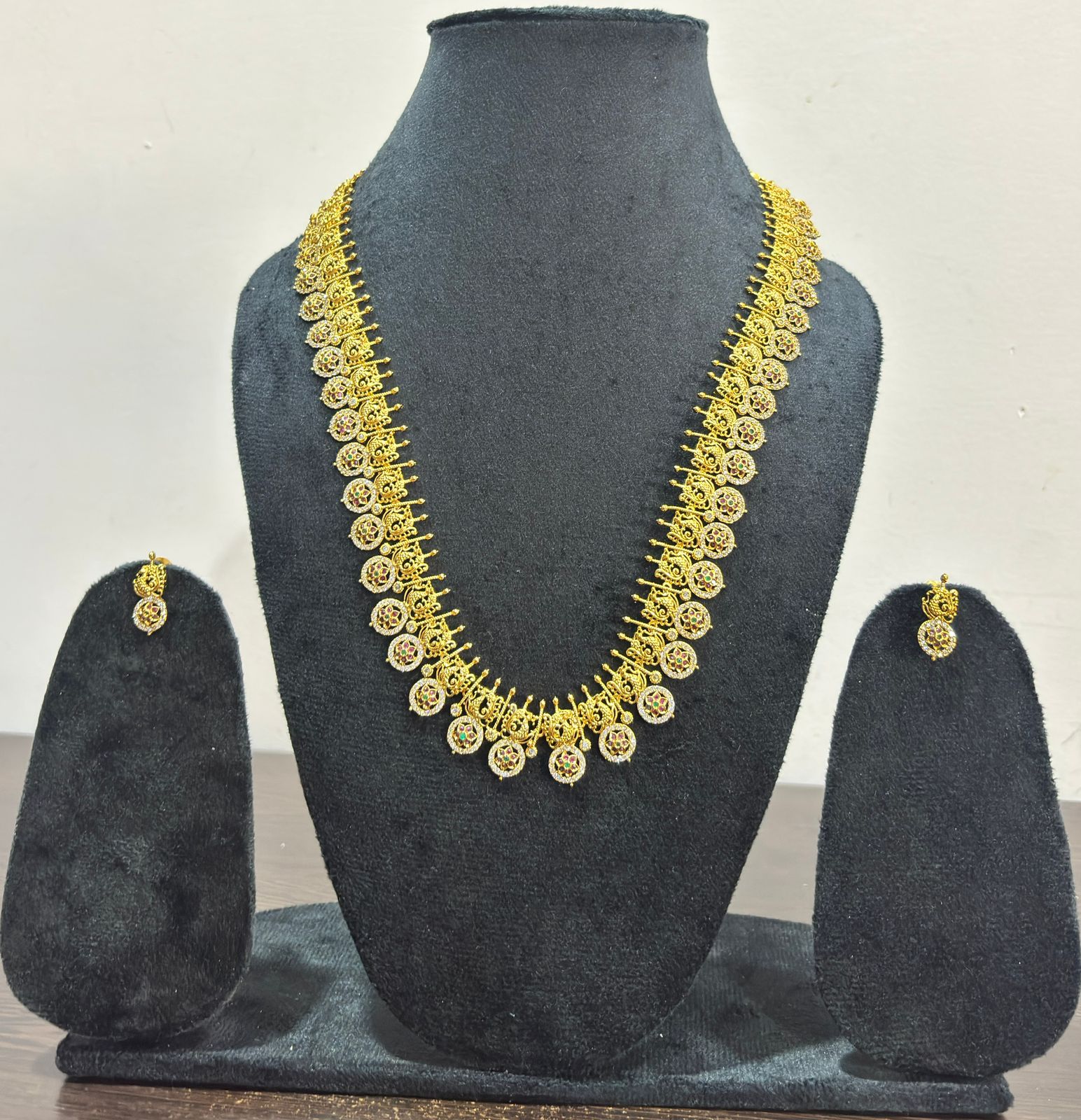 Long Traditional Gold Plated Coin Necklace Set – Temple Style Bridal Jewelry with Matching Earrings