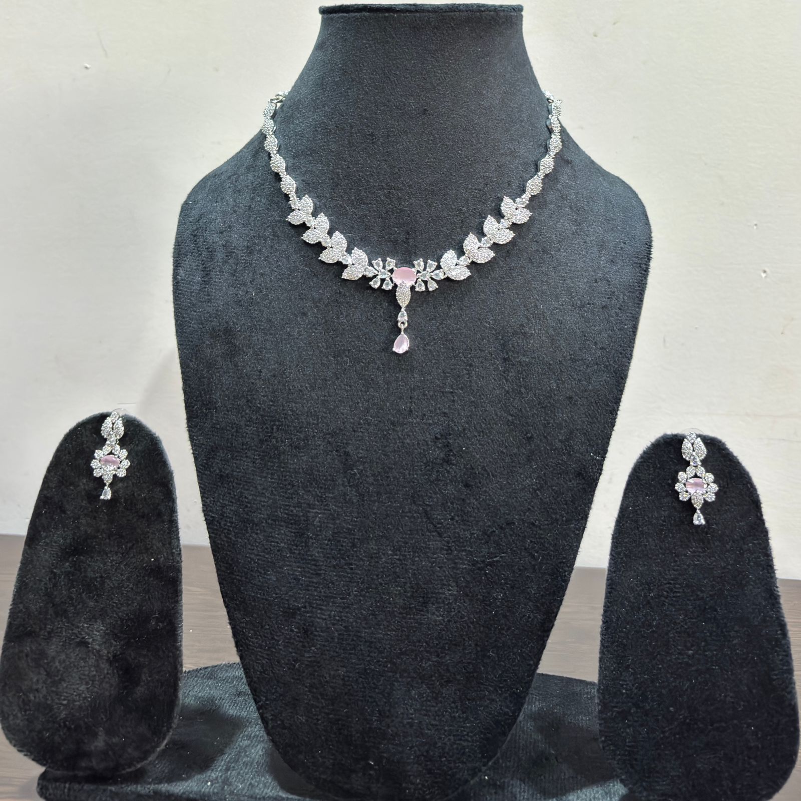 Silver Leaf Design Necklace Set with Pink Stone for Bridal & Party Wear
