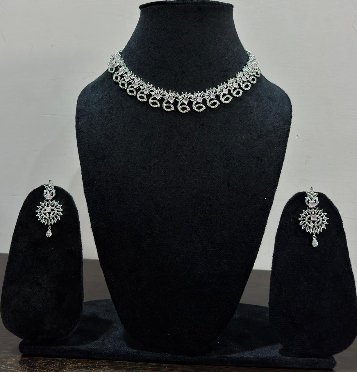 Silver choker necklace set, pink stone diamond necklace, American diamond choker set, bridal reception jewelry, party wear necklace for women, CZ stone jewelry set