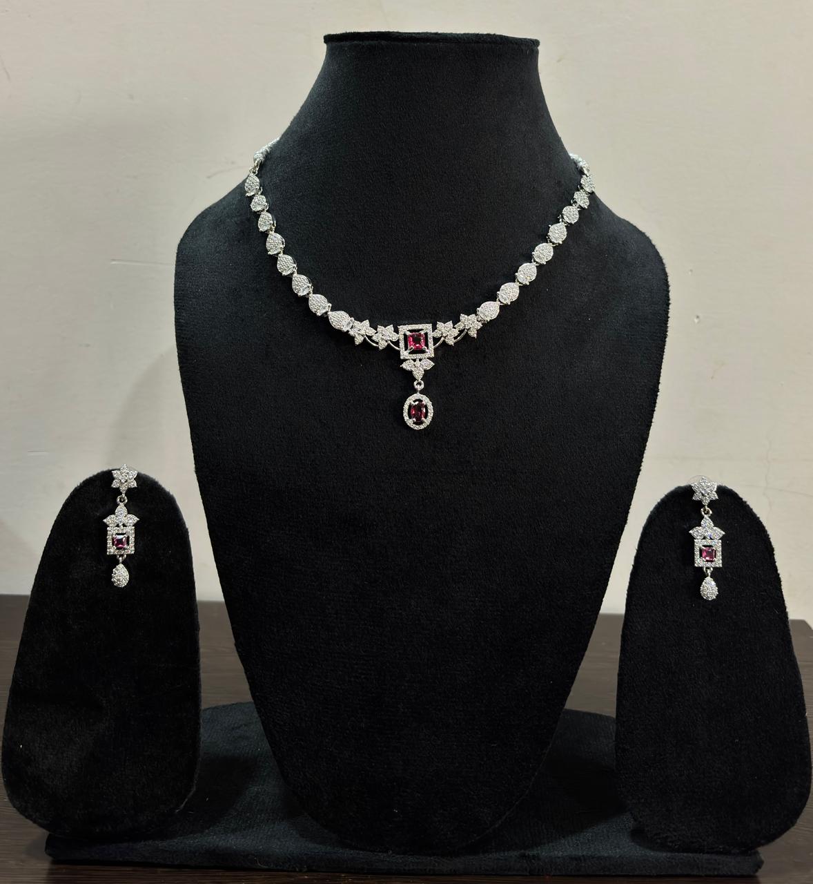 Silver diamond necklace set, ruby stone necklace set, American diamond jewelry set, bridal reception jewelry, silver party wear necklace for women, CZ stone necklace set