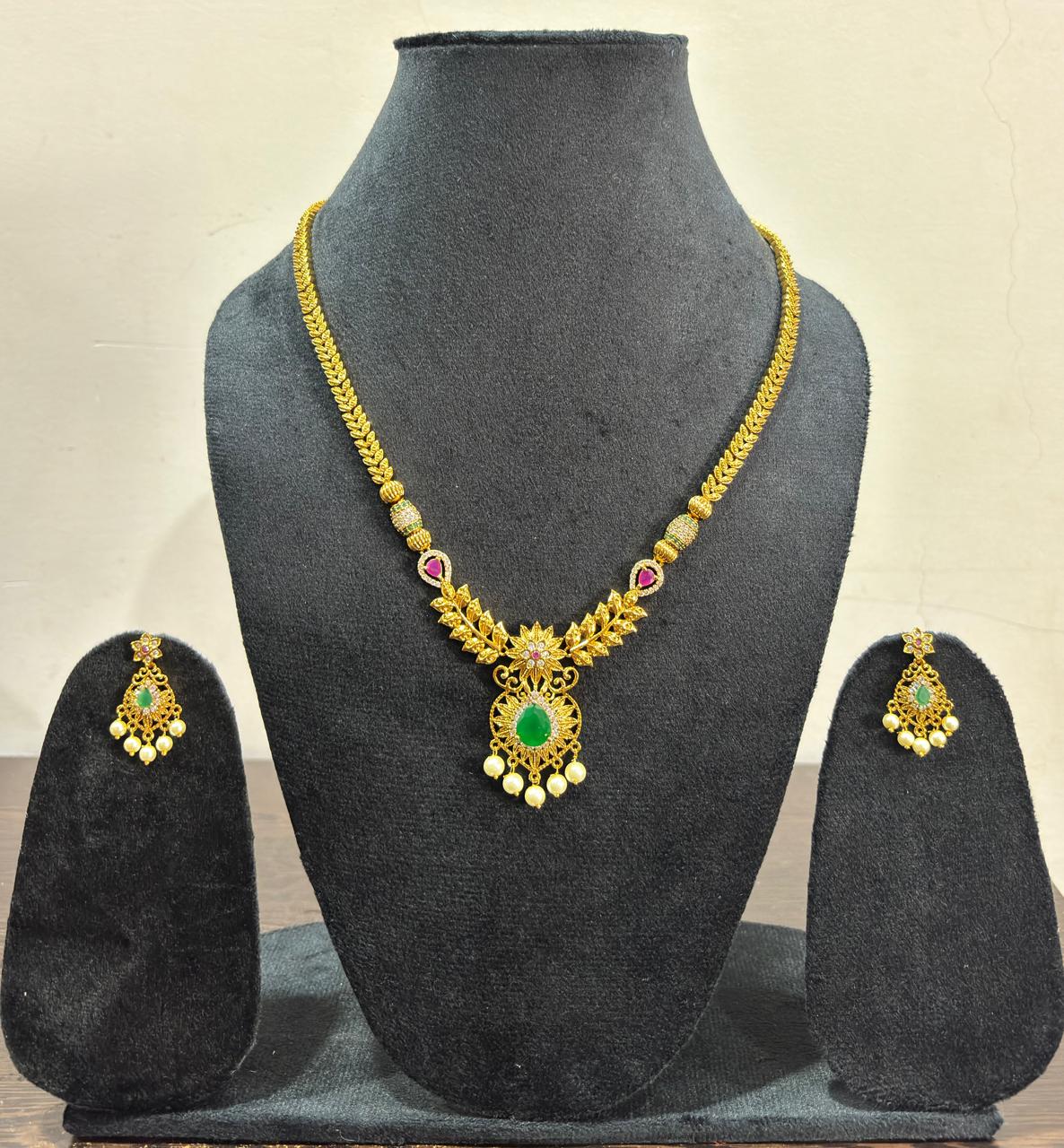 Traditional Gold Plated Temple Necklace Set with Green & Pink Stones – Bridal Pearl Drop Jewelry