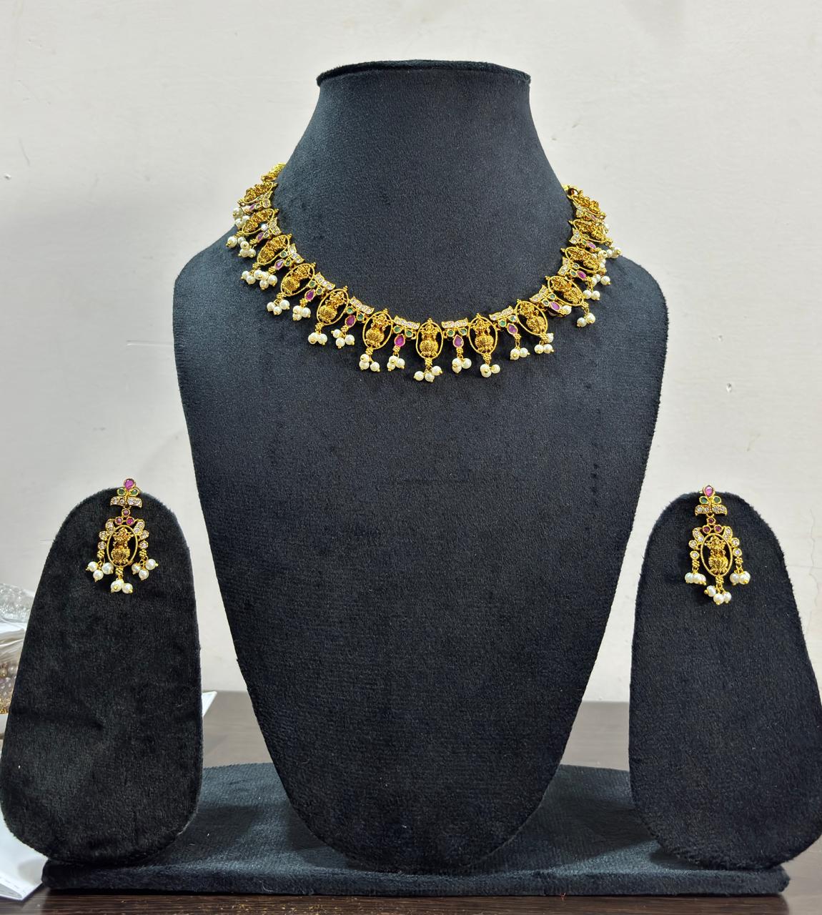 Lakshmi necklace set, temple choker jewelry, bridal gold plated necklace, South Indian wedding jewelry, traditional pearl drop necklace set, ethnic bridal jewelry for women