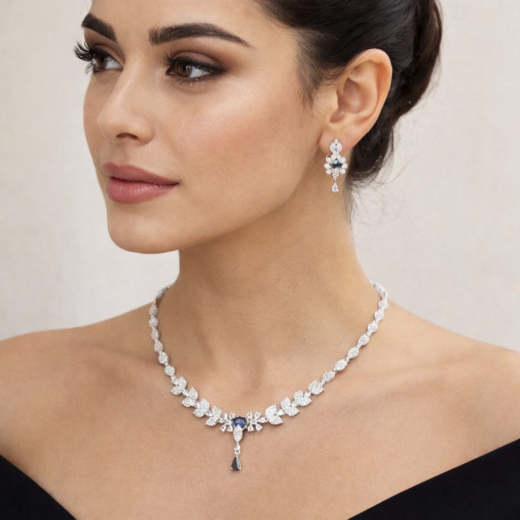 American Diamond Necklace Set with Blue Stone Drop for Bridal & Party Wear