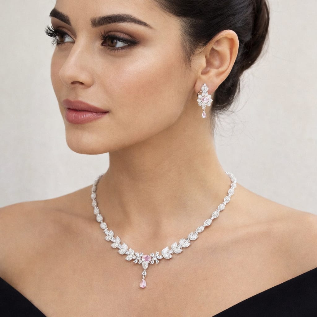 Silver Leaf Design Necklace Set with Pink Stone for Bridal & Party Wear