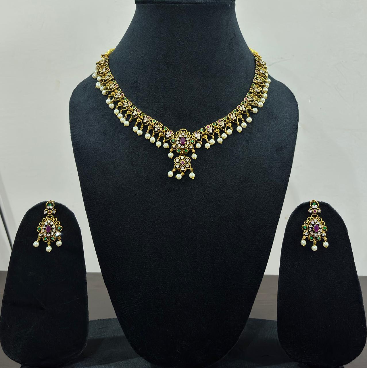 Traditional Gold Plated Necklace Set with Pearl Drops for Bridal Wear