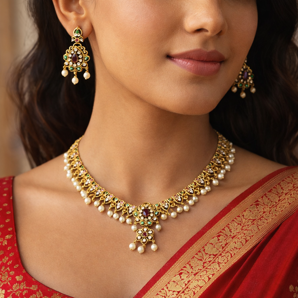 Traditional Gold Plated Necklace Set with Pearl Drops for Bridal Wear